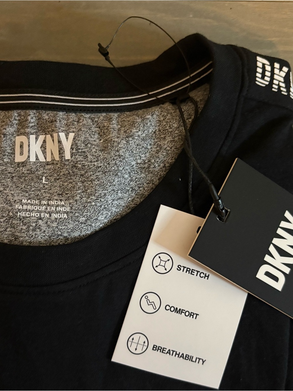 DKNY Men’s Black Short Sleeve Crew Tee with Shoulders Logo Tape Chest 22.5in W